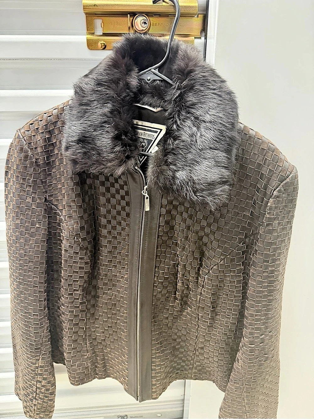 Marvin Richards Woven Leather Jacket with Fur Collar Brown XL